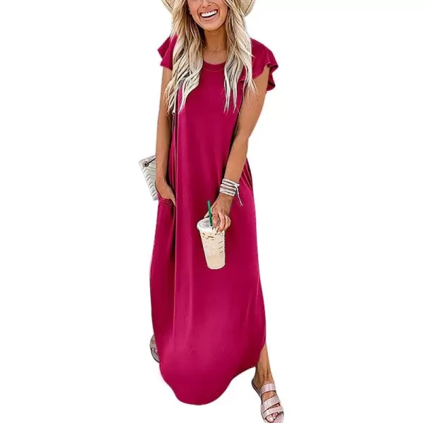 imageANRABESS Womens Summer Casual Loose Crewneck Ruffle Short Sleeves Split Beach Maxi Long Dress with PocketsRose