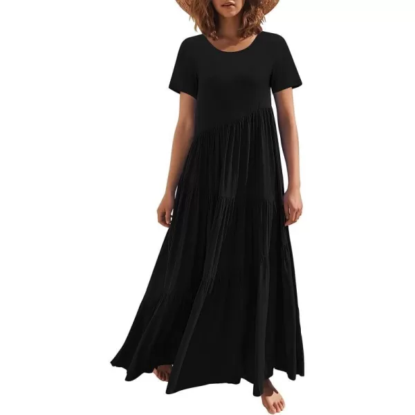 imageANRABESS Womens Summer Casual Loose Maxi Dress Short Sleeve Crewneck Asymmetric Tiered Beach Long DressesBlack