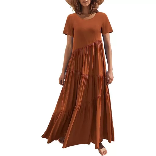 imageANRABESS Womens Summer Casual Loose Maxi Dress Short Sleeve Crewneck Asymmetric Tiered Beach Long DressesBrick Red