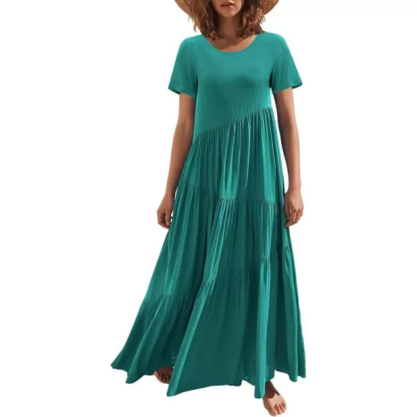 imageANRABESS Womens Summer Casual Loose Maxi Dress Short Sleeve Crewneck Asymmetric Tiered Beach Long DressesCyan