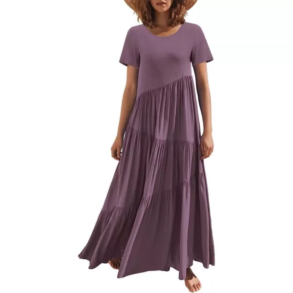 imageANRABESS Womens Summer Casual Loose Maxi Dress Short Sleeve Crewneck Asymmetric Tiered Beach Long DressesDark Purple