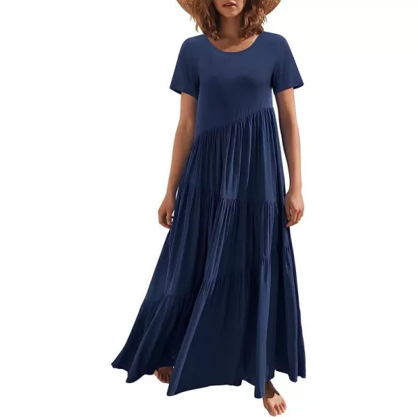 imageANRABESS Womens Summer Casual Loose Maxi Dress Short Sleeve Crewneck Asymmetric Tiered Beach Long DressesNavy Blue