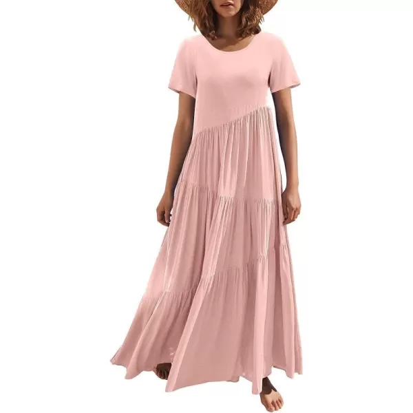 imageANRABESS Womens Summer Casual Loose Maxi Dress Short Sleeve Crewneck Asymmetric Tiered Beach Long DressesPink