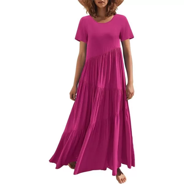 imageANRABESS Womens Summer Casual Loose Maxi Dress Short Sleeve Crewneck Asymmetric Tiered Beach Long DressesRose