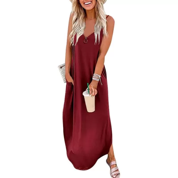 imageANRABESS Womens Summer Casual Loose Sleeveless Straps V Neck Zipper Front Flowy Slit Maxi Beach Sun DressBurgundy