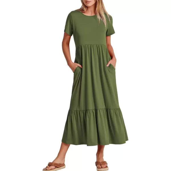 imageANRABESS Womens Summer Casual Short Sleeve Crewneck Swing Dress Casual Flowy Tiered Maxi Beach Dress with PocketsArmy Green
