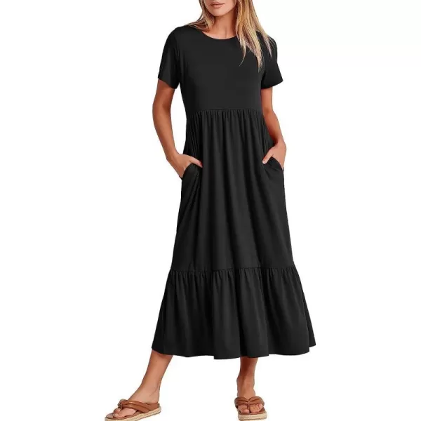 imageANRABESS Womens Summer Casual Short Sleeve Crewneck Swing Dress Casual Flowy Tiered Maxi Beach Dress with PocketsBlack