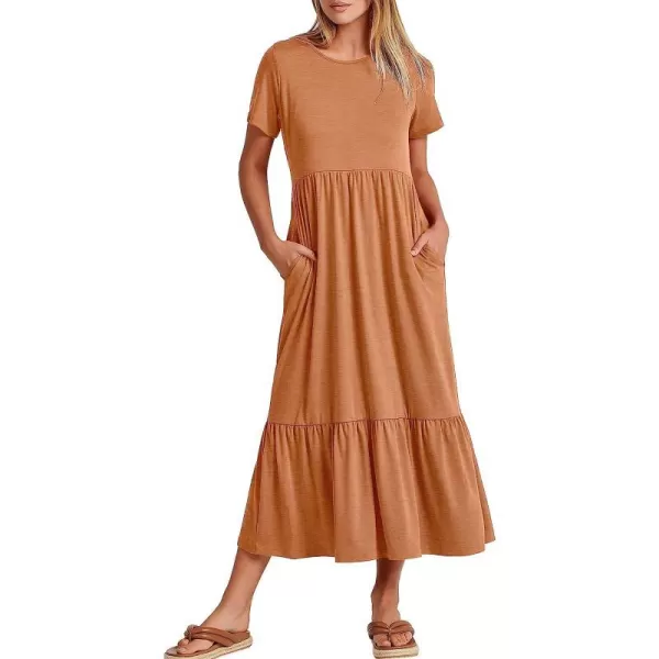imageANRABESS Womens Summer Casual Short Sleeve Crewneck Swing Dress Casual Flowy Tiered Maxi Beach Dress with PocketsBrown