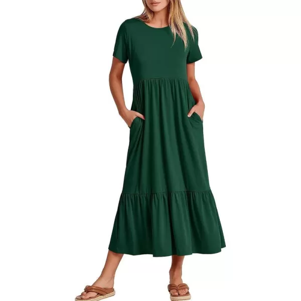 imageANRABESS Womens Summer Casual Short Sleeve Crewneck Swing Dress Casual Flowy Tiered Maxi Beach Dress with PocketsDeep Green