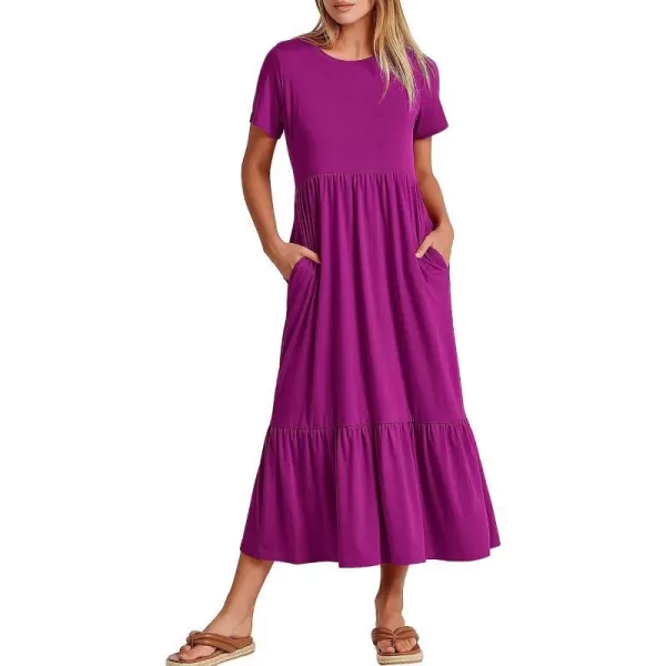 imageANRABESS Womens Summer Casual Short Sleeve Crewneck Swing Dress Casual Flowy Tiered Maxi Beach Dress with PocketsFuchsia
