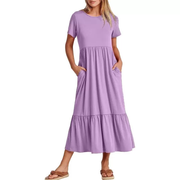 imageANRABESS Womens Summer Casual Short Sleeve Crewneck Swing Dress Casual Flowy Tiered Maxi Beach Dress with PocketsLilac