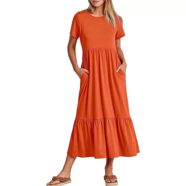 imageANRABESS Womens Summer Casual Short Sleeve Crewneck Swing Dress Casual Flowy Tiered Maxi Beach Dress with PocketsOrange