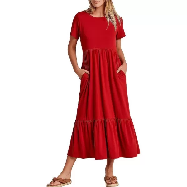 imageANRABESS Womens Summer Casual Short Sleeve Crewneck Swing Dress Casual Flowy Tiered Maxi Beach Dress with PocketsRed