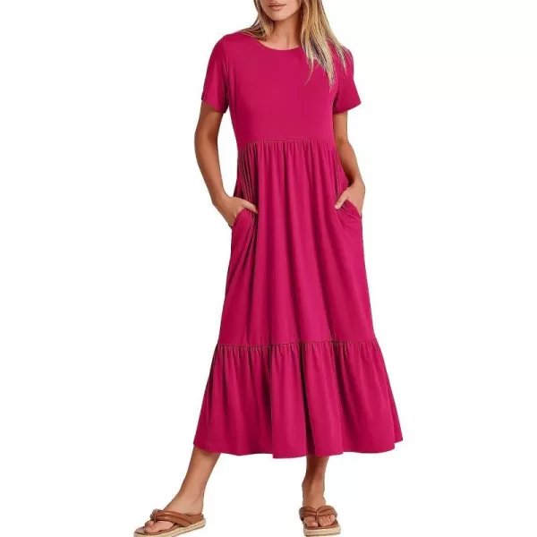 imageANRABESS Womens Summer Casual Short Sleeve Crewneck Swing Dress Casual Flowy Tiered Maxi Beach Dress with PocketsRose