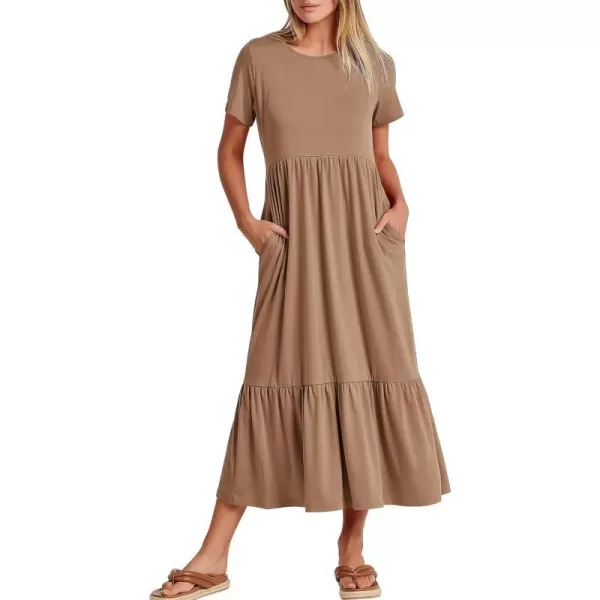 imageANRABESS Womens Summer Casual Short Sleeve Crewneck Swing Dress Flowy Tiered Maxi Beach Dress with PocketsKhaki