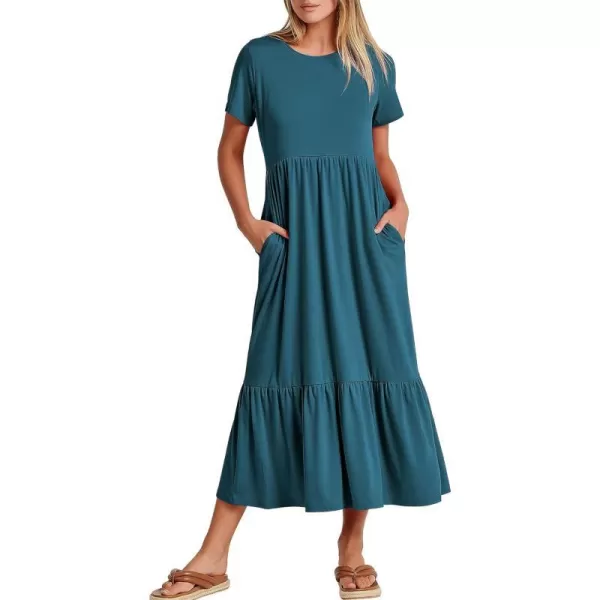 imageANRABESS Womens Summer Casual Short Sleeve Crewneck Swing Dress Flowy Tiered Maxi Beach Dress with PocketsTeal Blue