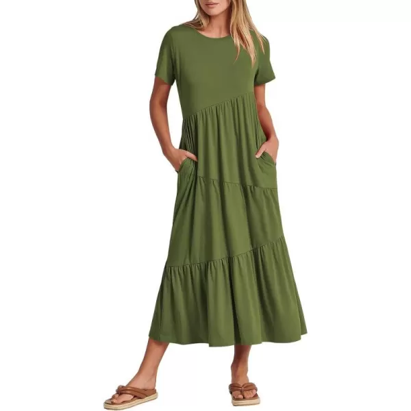 imageANRABESS Womens Summer Casual Short Sleeve Crewneck Swing Maxi Dress Flowy Asymmetric Tiered Beach Dress with PocketsArmy Green