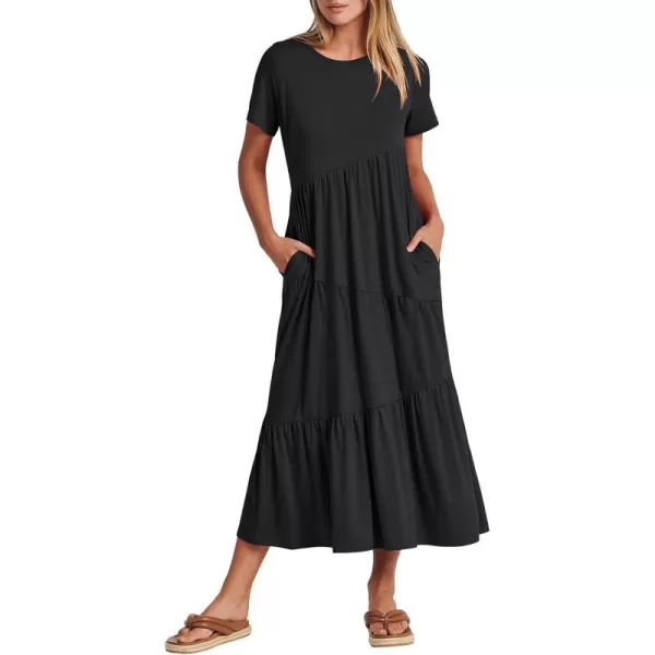 imageANRABESS Womens Summer Casual Short Sleeve Crewneck Swing Maxi Dress Flowy Asymmetric Tiered Beach Dress with PocketsBlack