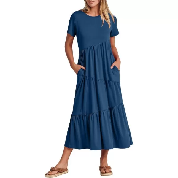 imageANRABESS Womens Summer Casual Short Sleeve Crewneck Swing Maxi Dress Flowy Asymmetric Tiered Beach Dress with PocketsBlue