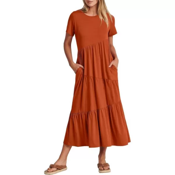 imageANRABESS Womens Summer Casual Short Sleeve Crewneck Swing Maxi Dress Flowy Asymmetric Tiered Beach Dress with PocketsBrick Red