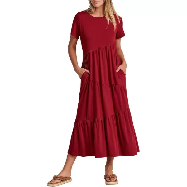 imageANRABESS Womens Summer Casual Short Sleeve Crewneck Swing Maxi Dress Flowy Asymmetric Tiered Beach Dress with PocketsBurgundy