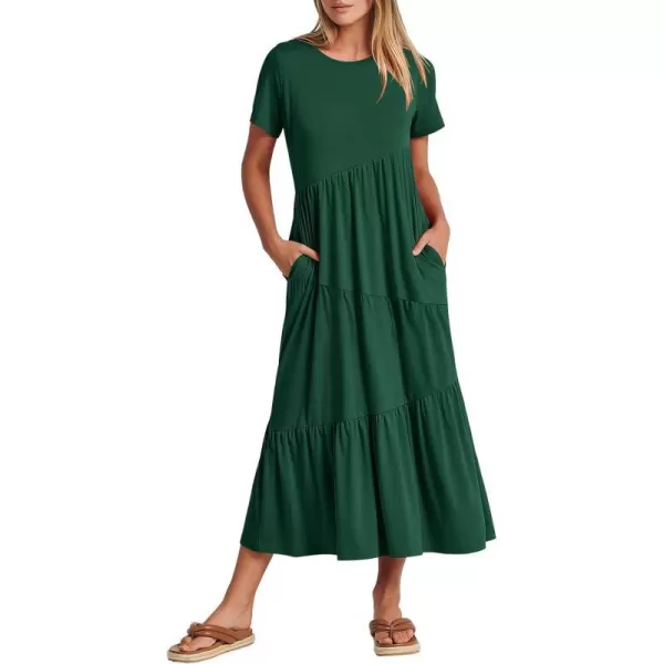 imageANRABESS Womens Summer Casual Short Sleeve Crewneck Swing Maxi Dress Flowy Asymmetric Tiered Beach Dress with PocketsDeep Green