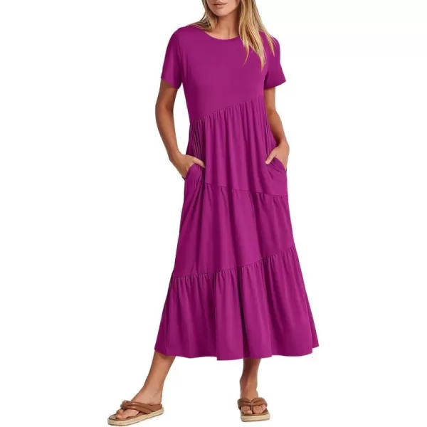 imageANRABESS Womens Summer Casual Short Sleeve Crewneck Swing Maxi Dress Flowy Asymmetric Tiered Beach Dress with PocketsFuchsia