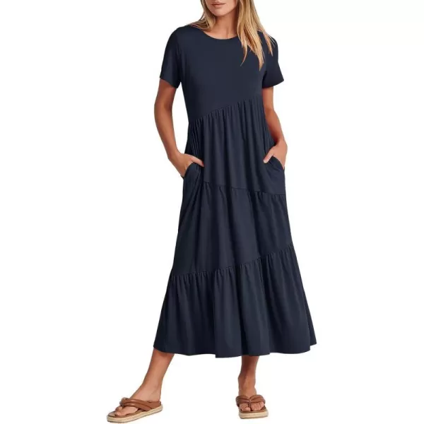 imageANRABESS Womens Summer Casual Short Sleeve Crewneck Swing Maxi Dress Flowy Asymmetric Tiered Beach Dress with PocketsNavy Blue