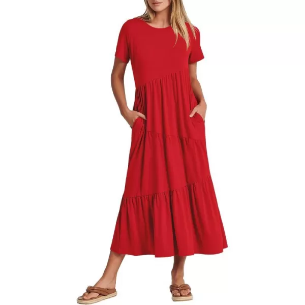 imageANRABESS Womens Summer Casual Short Sleeve Crewneck Swing Maxi Dress Flowy Asymmetric Tiered Beach Dress with PocketsRed