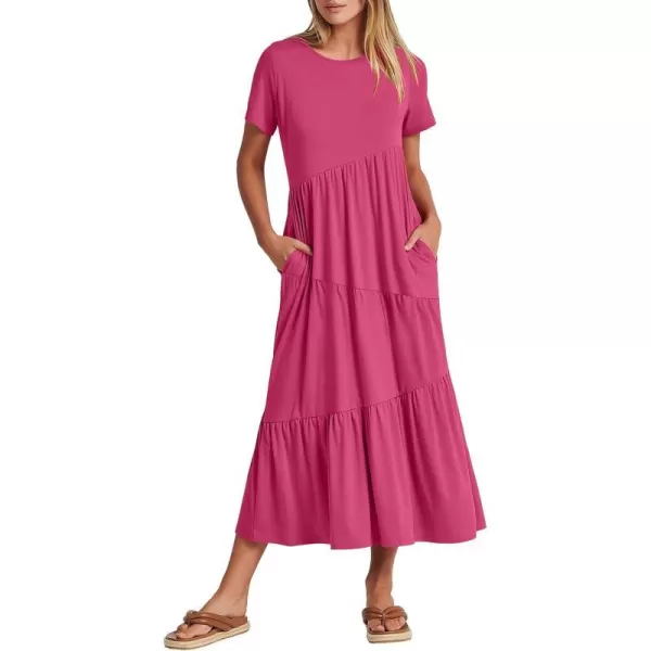 imageANRABESS Womens Summer Casual Short Sleeve Crewneck Swing Maxi Dress Flowy Asymmetric Tiered Beach Dress with PocketsRose