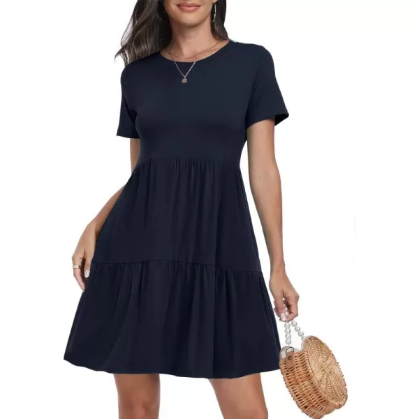 imageANRABESS Womens Summer Casual Short Sleeve T Shirt Dress Tiered Swing Mini Dresses with PocketsNavy Blue