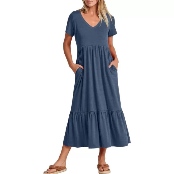 imageANRABESS Womens Summer Casual Short Sleeve V Neck Swing Dress Casual Flowy Tiered Maxi Beach Dress with PocketsBlue