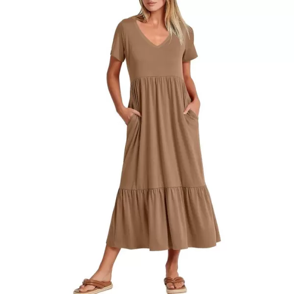 imageANRABESS Womens Summer Casual Short Sleeve V Neck Swing Dress Casual Flowy Tiered Maxi Beach Dress with PocketsLight Brown