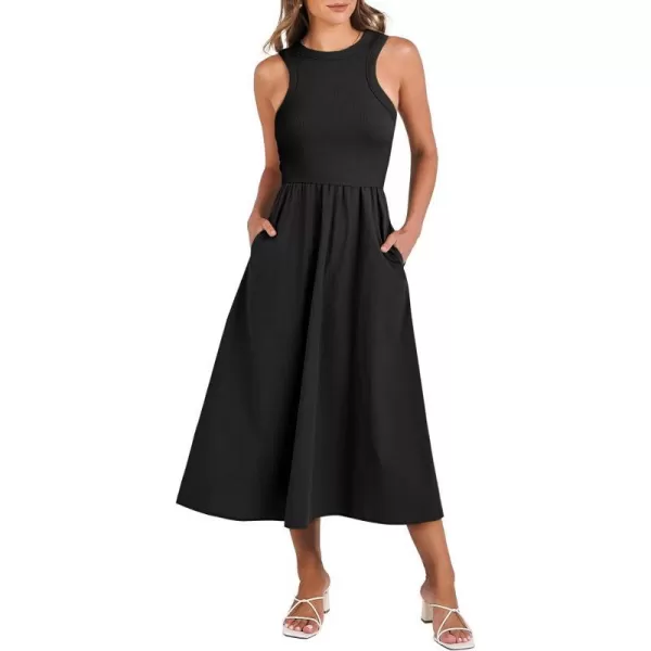 imageANRABESS Womens Summer Casual Sleeveless Midi Sundress Knit High Neck Tank Top Racerback Flowy Dresses with PocketsBlack