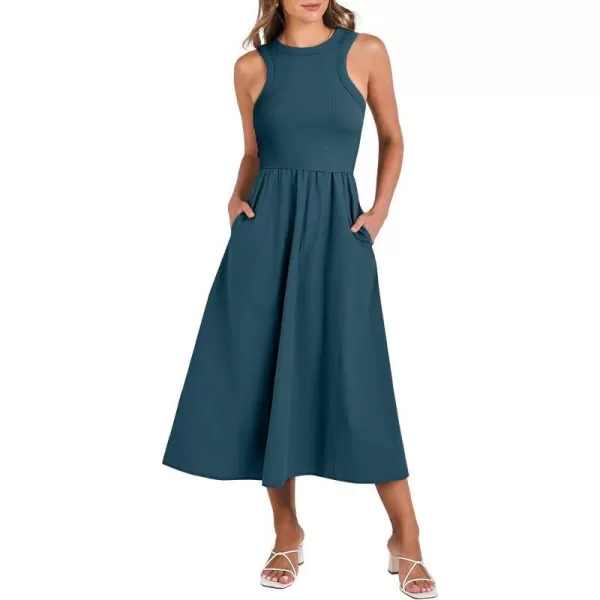 imageANRABESS Womens Summer Casual Sleeveless Midi Sundress Knit High Neck Tank Top Racerback Flowy Dresses with PocketsCyan