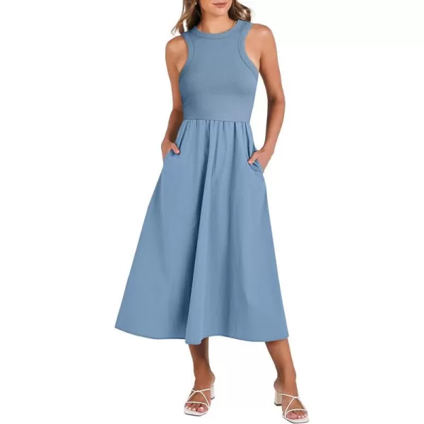 imageANRABESS Womens Summer Casual Sleeveless Midi Sundress Knit High Neck Tank Top Racerback Flowy Dresses with PocketsGray Blue