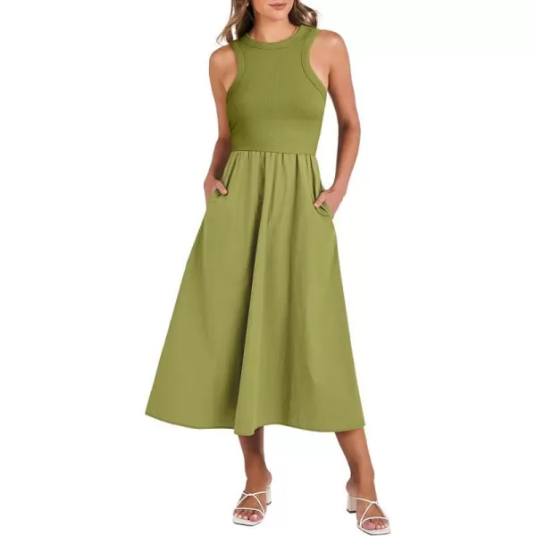 imageANRABESS Womens Summer Casual Sleeveless Midi Sundress Knit High Neck Tank Top Racerback Flowy Dresses with PocketsGreen