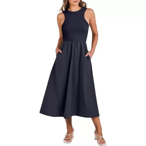 imageANRABESS Womens Summer Casual Sleeveless Midi Sundress Knit High Neck Tank Top Racerback Flowy Dresses with PocketsNavy Blue