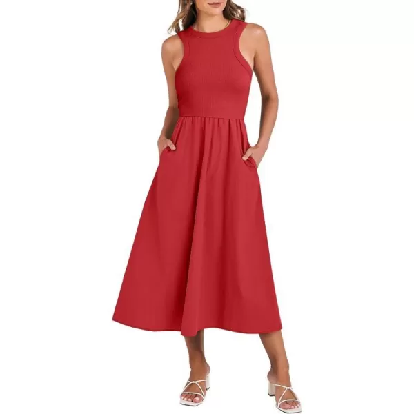 imageANRABESS Womens Summer Casual Sleeveless Midi Sundress Knit High Neck Tank Top Racerback Flowy Dresses with PocketsRed