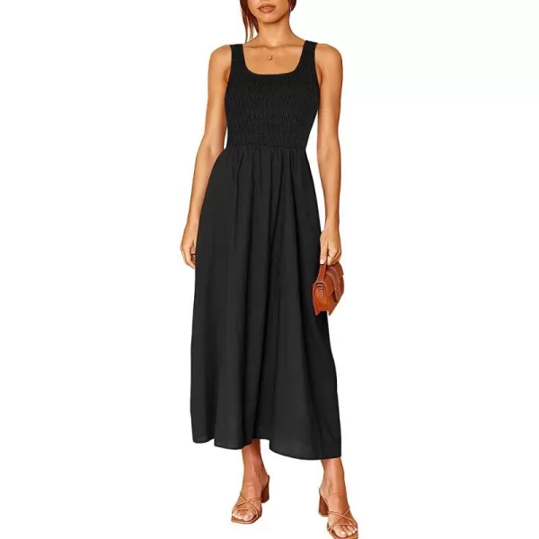 imageANRABESS Womens Summer Casual Sleeveless Scoop Neck Smocked Boho Beach Midi Dress with PocketsBlack