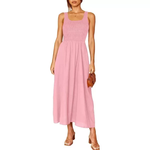 imageANRABESS Womens Summer Casual Sleeveless Scoop Neck Smocked Boho Beach Midi Dress with PocketsPink
