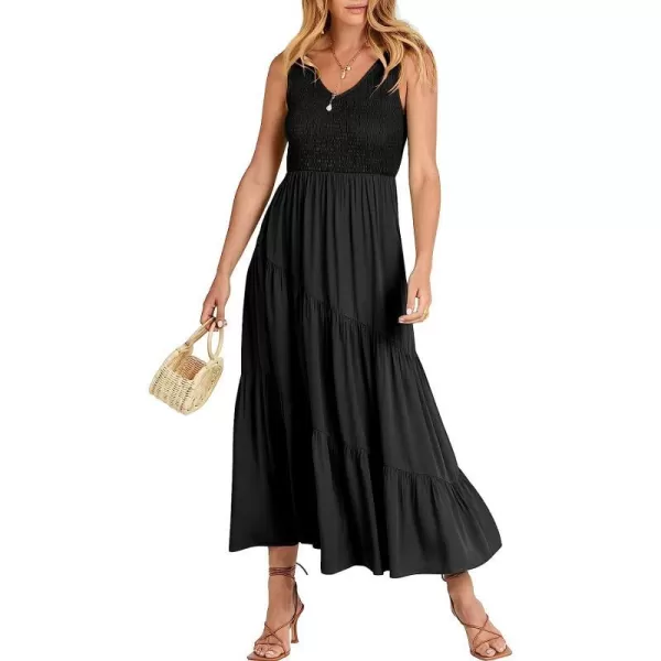 imageANRABESS Womens Summer Casual Sleeveless V Neck Smocked Boho Asymmetric Tiered Beach Long Dress with PocketsBlack