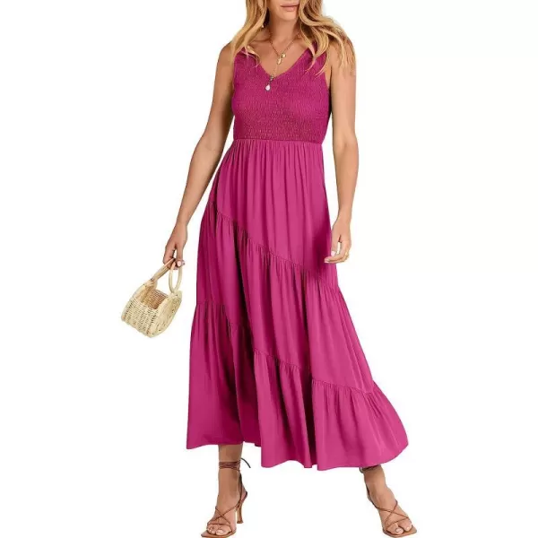 imageANRABESS Womens Summer Casual Sleeveless V Neck Smocked Boho Asymmetric Tiered Beach Long Dress with PocketsRose Red
