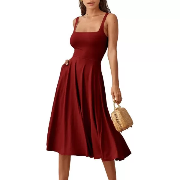 imageANRABESS Womens Summer Casual Square Neck Sleeveless Empire Waist Flowy Tank Beach Midi Dress PocketsWine Red
