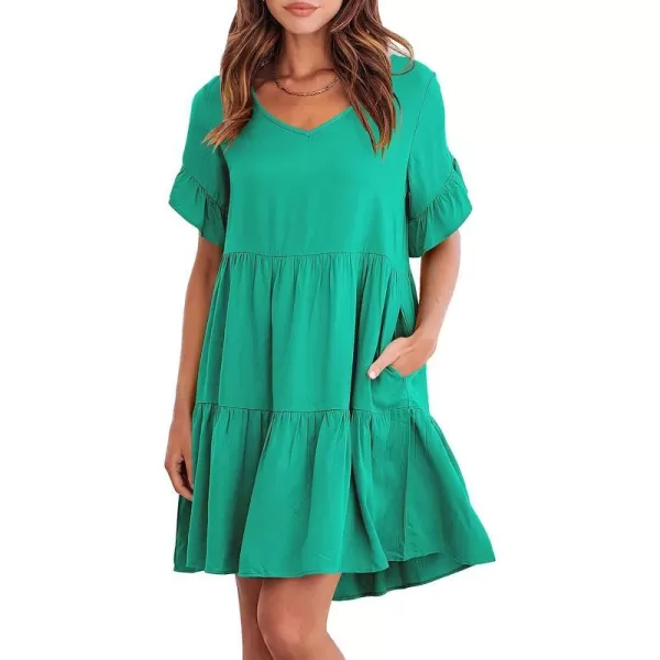 imageANRABESS Womens Summer Casual V Neck Babydoll Dress Ruffle Short Sleeve Tiered ALine Flowy Mini Beach DressGreen