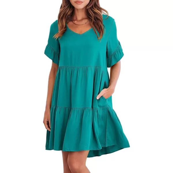 imageANRABESS Womens Summer Casual V Neck Babydoll Dress Ruffle Short Sleeve Tiered ALine Flowy Mini Beach DressLake Blue