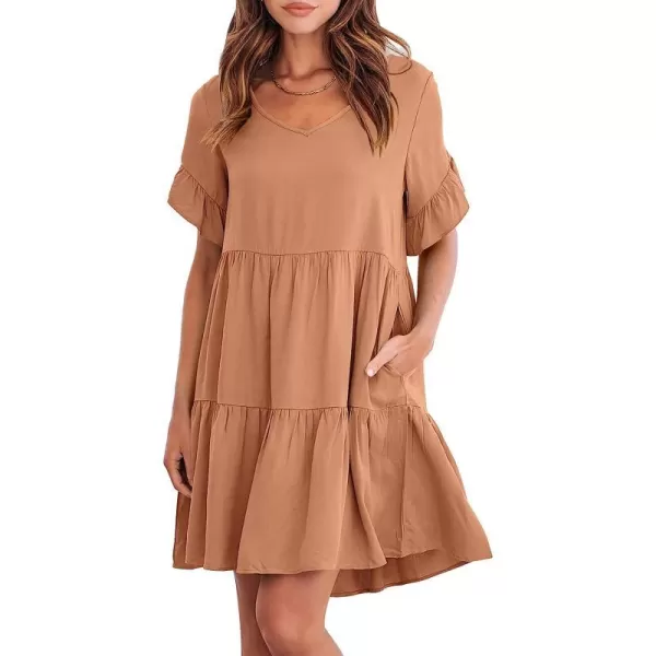 imageANRABESS Womens Summer Casual V Neck Babydoll Dress Ruffle Short Sleeve Tiered ALine Flowy Mini Beach DressLight Rust