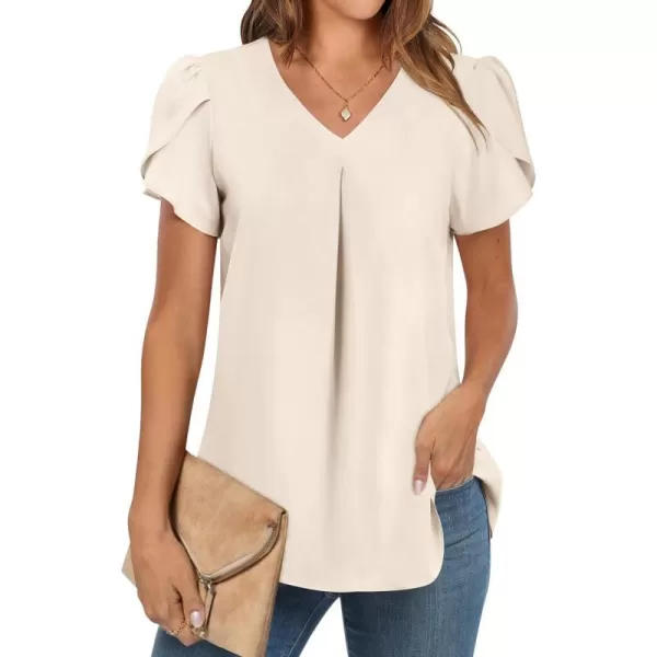 imageANRABESS Womens Summer Casual V Neck Short Sleeve Shirts Cute Dressy Chiffon Tunic Tops BlouseBeige