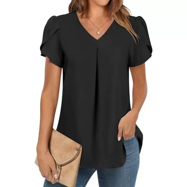 imageANRABESS Womens Summer Casual V Neck Short Sleeve Shirts Cute Dressy Chiffon Tunic Tops BlouseBlack