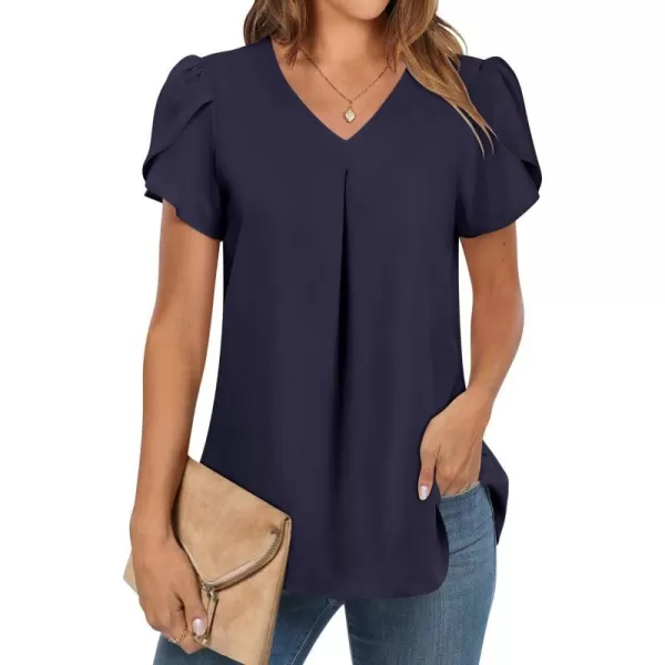 imageANRABESS Womens Summer Casual V Neck Short Sleeve Shirts Cute Dressy Chiffon Tunic Tops BlouseNavy Blue